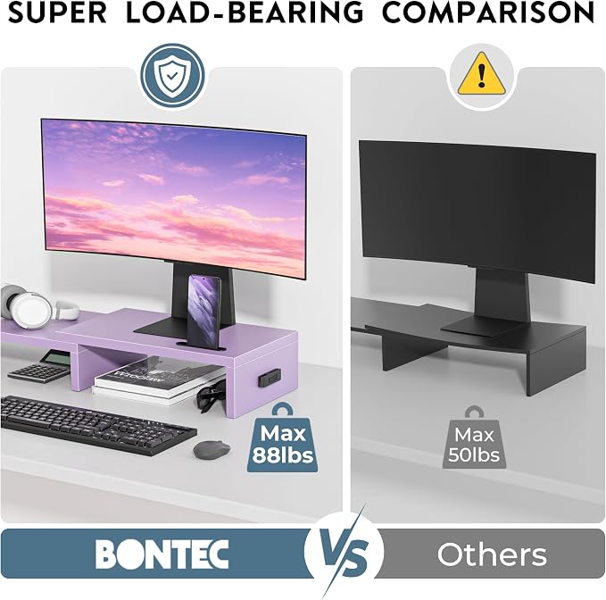 BONTEC Dual Monitor Stand Riser with Smartphone Holder, Adjustable Length & Swivel Angle, Ergonomic Wooden Desktop Organizer for PC Monitor, Laptop, Printer, Large Storage, 42.5 in, Purple - Image 6