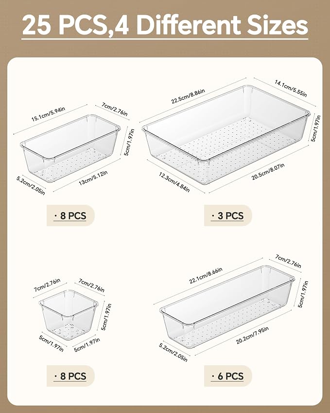 KEMETHY 25 PCS Plastic Drawer Organizers Set, 4 Sizes Vanity Organizer | Makeup and Desk Drawer Organizer Trays, Organization and Storage for Makeup, Bathroom, Kitchen Utensils and Office (Clear) - Image 2