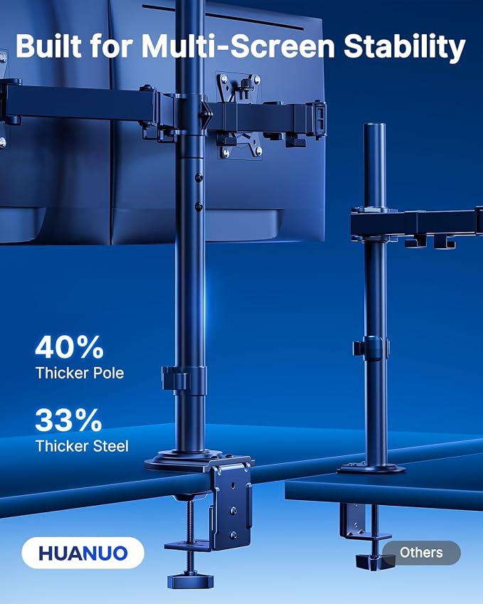 HUANUO Dual Monitor Stand for 13-32 Inch Screens, Tall Pole Desk Mount,Larger Base, Ideal for Sit-Stand Workstations, 22 lbs per Arm, VESA 75x75/100x100mm, Tilt Swivel Rotation, Cable Management - Image 4