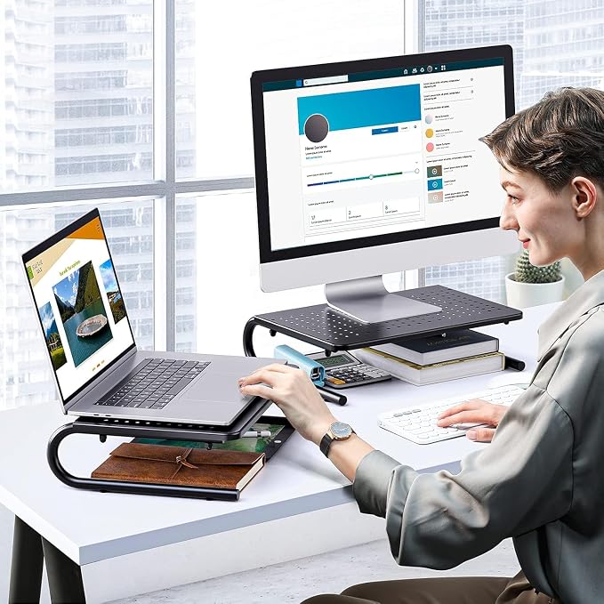 HUANUO Monitor Stand Riser for Desk, Laptop Stand, Laptop Shelf w/Vented Metal, Desktop Computer Stand Desk Organizer for Laptop, PC, Printer - Image 2