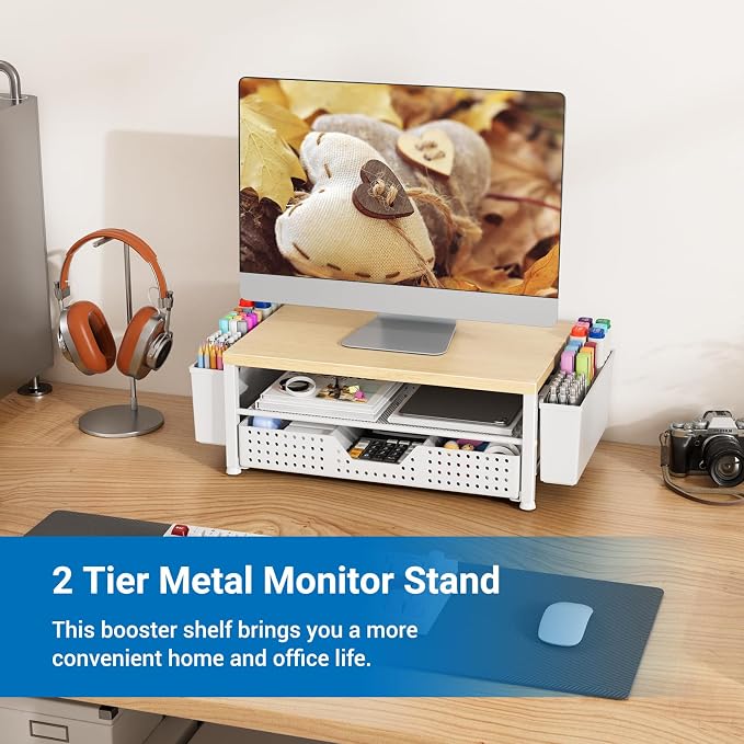 Wood Metal Monitor Stand Riser, Laptop Stand for Desk, Office Desk Organizer and Accessories, Computer Desktop Shelf with Drawer and Pen Holder, Printer Stand for Home, Office, Dorm (Natural Wood) - Image 2
