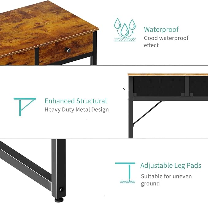 Lufeiya 40 Inch Desk with Drawers for Bedroom - 39 Inch Home Office Desks with 3 Fabric Storage Drawer and Pocket, Study Writing Table Rustic Computer Desk, Vintage Brown - Image 7