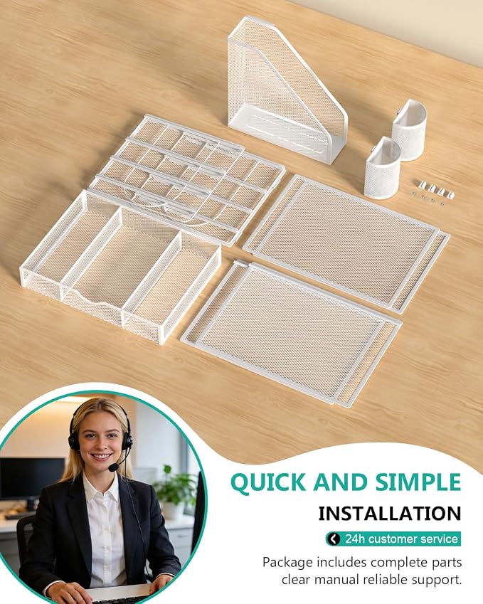 WALI Desk File Organizer, 4 Tier Desktop Paper Letter Tray Organizer with Drawer and 2 Pen Holders, Office Desk Accessories & Workspace Organizers for Office, Home Supplies(DO005DH-W), 1 Pack, White - Image 9