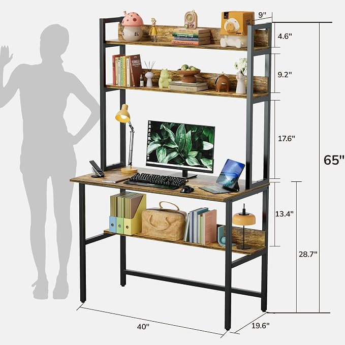 Aquzee Computer Desk with Hutch, 40“W x 19.6" D Desk with Shelves, Tall Home Office Desk with Bookshelf, Metal Legs Study Table with Upper Storage Shelf for Study Writing/Workstation, Brown - Image 3