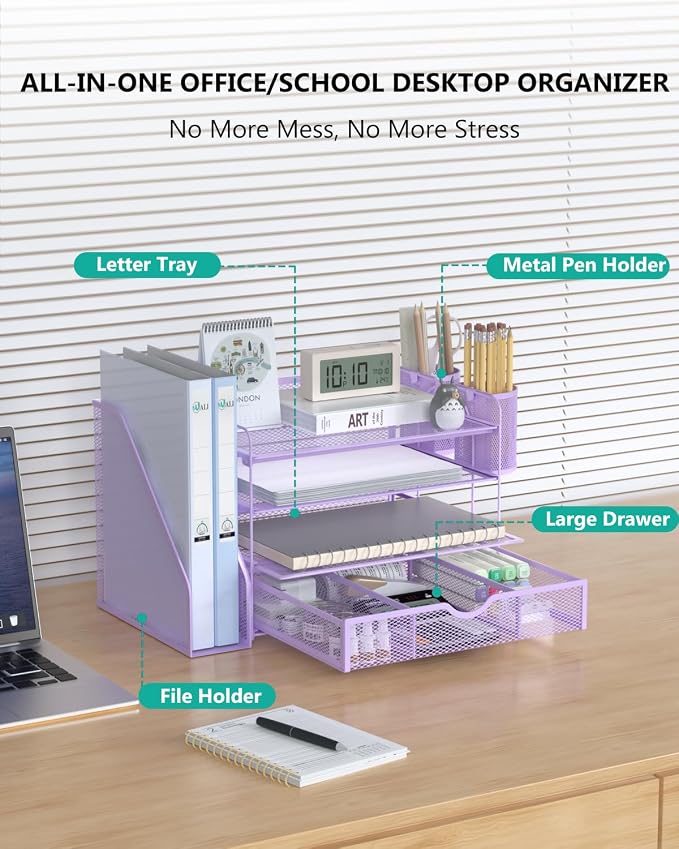 WALI Desk File Organizer, 4 Tier Desktop Paper Letter Tray Organizer with Drawer and 2 Pen Holders, Office Desk Accessories & Workspace Organizers for Office, Home Supplies(DO005DH-V), 1 Pack, Purple - Image 2