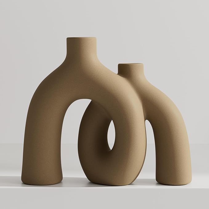 Hug Donut Decorative Vase Set - Tan Modern Rustic Farmhouse Style Vases Home Decor,Matte Ceramic Decorations for Living Room Shelf, Bookshelf Mantle Entryway Table Centerpiece or Console Décor(Brown) by Jonronboci
