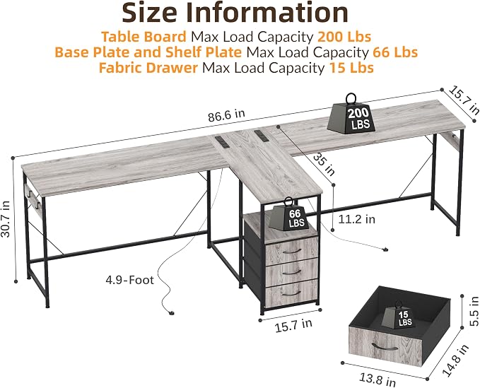 YOSHOOT 2 Person Computer Desk, 87" Long Gaming Desk for 2 People | Double Desk with 3 Fabric Drawers and 2 Power Outlets, Home Office Table for Adults and Teenagers, Grey - Image 3