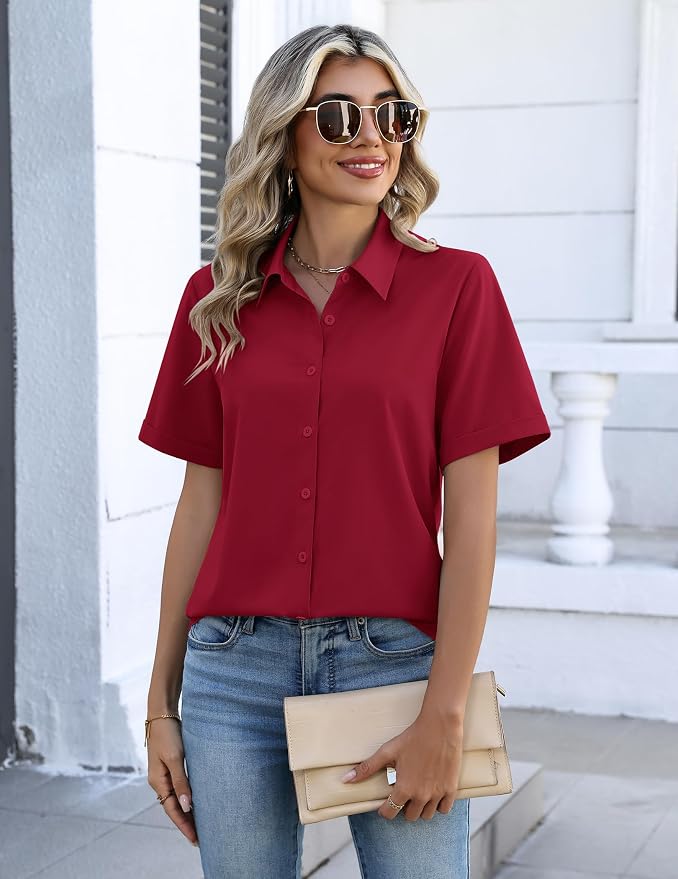 Zeagoo Button Down Shirts for Women Short Sleeve Collared Tops Dressy Casual V Neck Blouses - Image 2