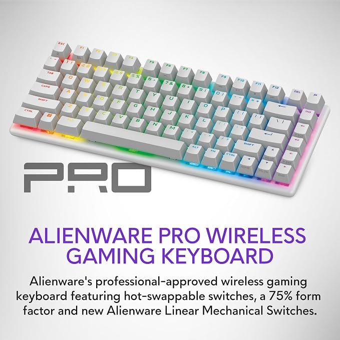 Alienware Pro Wireless Gaming Keyboard, Linear Mechanical, RGB | 2.4GHz, Bluetooth 5.1, USB Wired, N-Key Rollover, PBT Double-Shot Keycaps, Detachable USB Paracord Cable, Lunar Light - Image 2