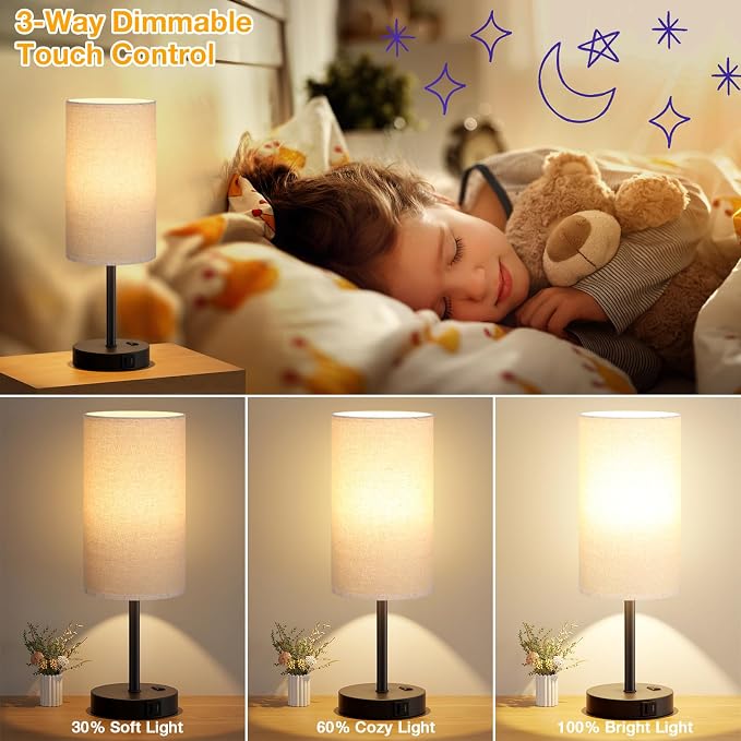 Dicoool 17.4" Bedside Lamp for Bedroom - Dimmable Touch, USB A+C, AC Outlet | LED Bulb Included, 3-Way Dimmable, 17.4" Table Lamp for Living Room, Dorm, Beige Fabric Lampshade, Black Metal Base - Image 4