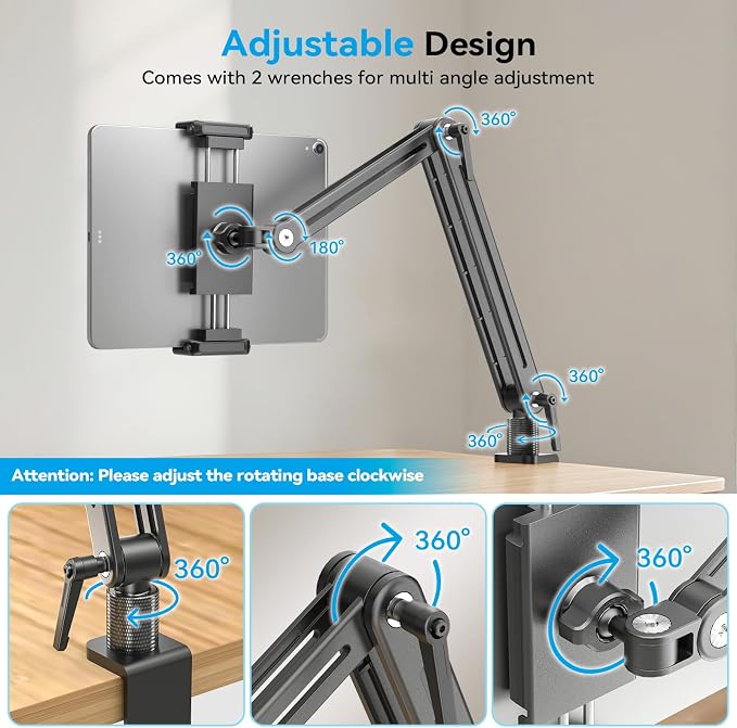 Jakeko Adjustable Portable Monitor Stand 15.6" - 360° Rotating Base Tall Tablet Desk Arm Holder Stand for iPad Air/Pro/Mini Swivel Flexible Clamp Mount Soporte para Tablet/Monitor Portatil/Ereader - Image 5
