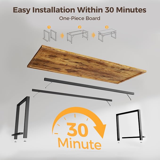 Mericonia 54 Inch Computer Desk, 1" Thick Large Office Table, Brown | Modern Simple Style, Heavy Duty Industrial Frame, Study & Writing Table for Home Bedroom Work - Image 8