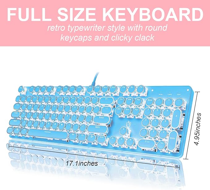 YSCP Typewriter Style Mechanical Gaming Keyboard White Backlit Wired with Blue Switch Retro Round Keycap 104 Keys Keyboard (Blue) - Image 5