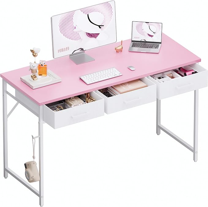 Pamray 47 Inch Small Computer Desk with 3 Drawers for Bedroom Study Writing Home Office Table for Small Spaces Pink by PAMRAY
