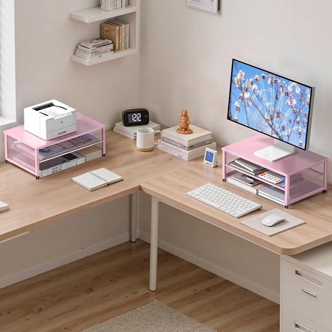 ECOLOVI 2-Tier Computer Monitor Stand Riser, Desk Organizer for Monitor, Printer & Laptop Stand, Desktop Workspace Organizers for Office Supplies(Pink) - Image 3