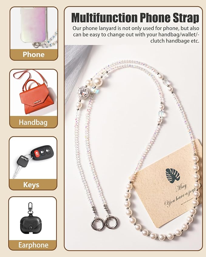 Phone Chain Crossbody Pearl Strap,Pearl Beaded Chain Shoulder Crossbody Lanyard with Phone Tether Patches Compatible with Most Phones Bag Purse - Image 4