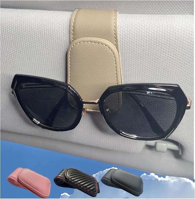 CHOSMOYI Magnetic Leather Sunglass Holder for Car, Sunglasses Clip for Car Visor, Auto Interior Accessories Universal for Different Size Eyeglasses (Beige) by Unknown
