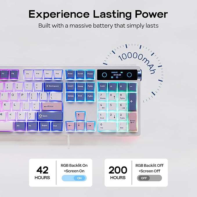 EPOMAKER TH108 PRO Full Size Mechanical Keyboard with Screen & Knob, Wireless Gaming Keyboard with 10000mAh, Creamy Gasket, Hot Swap, Custom Driver, RGB Backlight (White, Sea Salt Silent) - Image 4