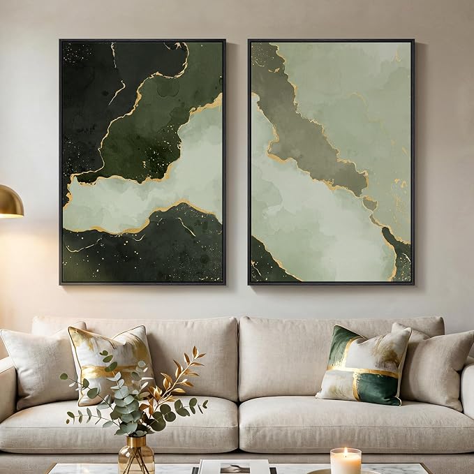 Large Framed Green Abstract Wall Art Set of 2, Modern Canvas Prints Paintings for Walls, Minimalist Sage Green and Gold Abstract Pictures for Living Room Dining Bedroom Hallway Wall Decor 24x36 In by Cuspin