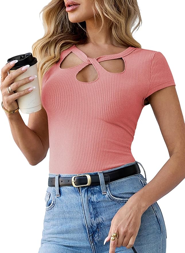 Pink Queen Sexy Tops for Women Cutout Keyhole Neck Cap Sleeve Shirts Casual Summer Clothes 2026 Fashion - Image 2
