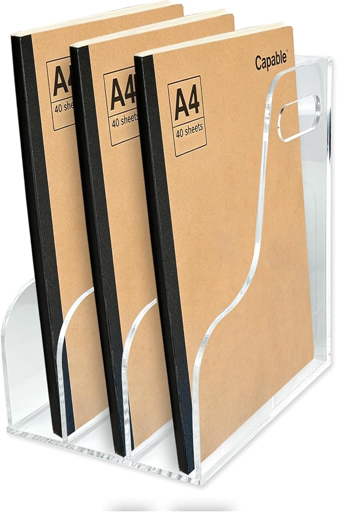 3-Tier Clear Acrylic File Holder, Vertical Document Organizer for Magazines, Binders, Notebooks & Envelopes - Multi-Purpose Desk Storage for Home Office（A4,3 Sections） by Unknown