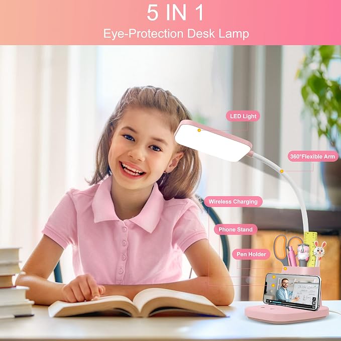 LED Desk Lamp with 10W Wireless Charging & Pen Holder, Pink | CRI 95, 800LM, Stepless Dimming, 3 Modes, 360°Flexible Arm, Touch, Study Table Lamp for Home Office, Dorm Room, with Adapter - Image 2