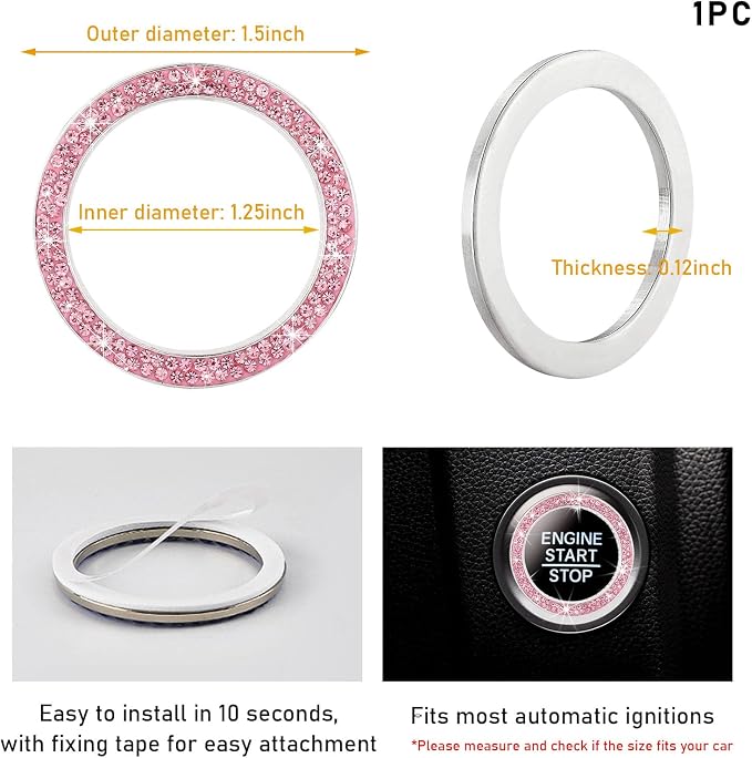 Kewucn Bling Crystal Double Rhinestone Car Engine Start Decoration Ring, Sparkling Push Start Button Sticker, Key Ignition & Knob Ring Decoration, Bling Car Interior Accessory(Pink) - Image 2