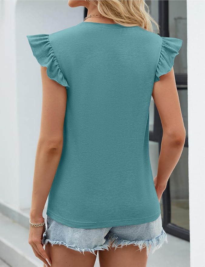 JUSTFASHIONNOW Womens Summer Tops Striped T-Shirts 2026 Ruffle Short Sleeve Crew Neck Casual Blouses with Pocket - Image 5