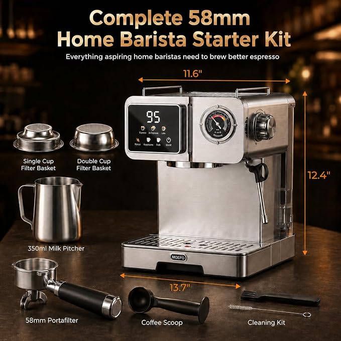 58mm Espresso Machine with Milk Frother, 20 Bar Semi-Automatic Coffee Maker, Visual Pressure Gauge & Touchscreen LCD Display, Professional Home Espresso Machine for Latte & Cappuccino, Silver - Image 8