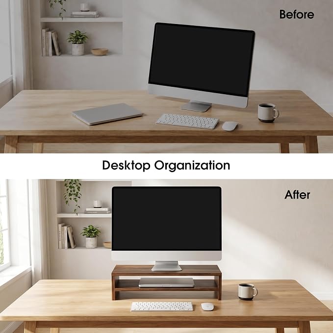 FITUEYES Monitor Stand - 2 Tier Computer Monitor Riser with 21.3 Inch Shelf, Wood Desktop Stand for Laptop Computer Screen, Desk Organization, Office Supplies - Image 6