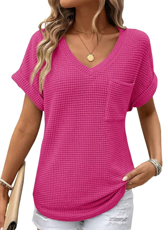 Dokotoo Womens Waffle Knit Tops 2026 Spring Summer V Neck Shirts Casual Trendy Women's Blouses Basic Tee by Dokotoo