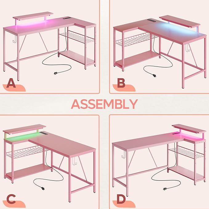 Bestier 52-Inch L-Shaped Gaming Desk with Charging & LED, Pink | Charging 3AC+2USB, RGB LED 20 Colors/22 Modes, Reversible Storage Shelves, Carbon Fiber Texture, Headphone Hook, 52 in - Image 5