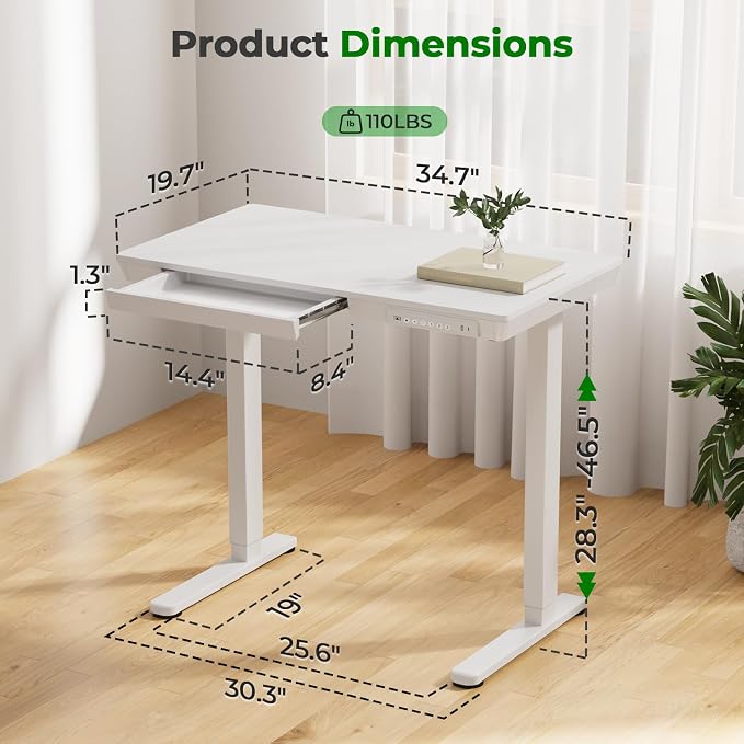 35" Electric Standing Desk with Drawer, 4 Lockable Wheels | Height Adjustable Quick Install One-Piece Tabletop with USB Charging Port, Small Sit to Stand up Desk for Home Office, White - Image 7