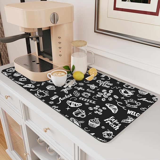 AMOAMI Coffee Mat Hide Stain Rubber Backed Absorbent Dish Drying Mat for Kitchen Counter - Fits Under Coffee Maker & Machine (17x31.5, Ink) by AMOAMI