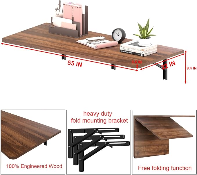 IAE 55x22in Floating Fold Desk,Wall-Mounted Folding Computer Table,Walnut | Study Table with Shelf Brackets,Foldable Down Shelf with Engineered Wood,Fold Computer Desk for Small Apartment,Holds 512 lb - Image 2