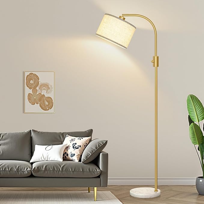 Nintiue Upgraded Modern Arc Dimmable Tall Standing Floor Lamp with Marble Base & Linen Shade, 1200 Lumens LED Bulb Included, for Living & Reading Room, Bedroom, Office & Nursery, Gold - Image 7