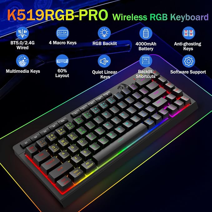Redragon Wireless Gaming Keyboard, RGB Backlit, Portable 60% Design, Black | Bluetooth/2.4GHz/USB-C Wired, Mini Quiet Macro Membrane Keyboard, Rechargeable 4000mAh Battery, Anti-Ghosting for Win/MAC - Image 2