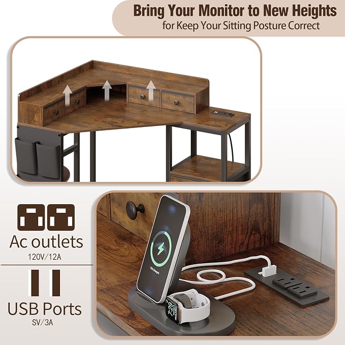 VENNQD Corner Desk with 6 Fabric Drawers Shelves for Small Space Computer Desk with Power Outlets,Gaming Desk with Printer Monitor Stand Storage for Home Office Workstation Writing Table Brown - Image 3