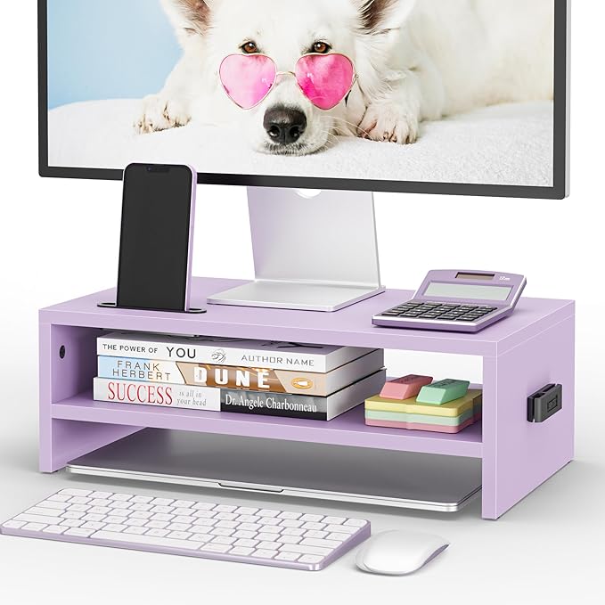 BONTEC Wooden Monitor Stand Riser, 2-Tier Desk Shelf with Storage Organizer, Ergonomic Computer Stand with Cable Management, Cellphone Holder, Purple, 16.5 Inch by BONTEC