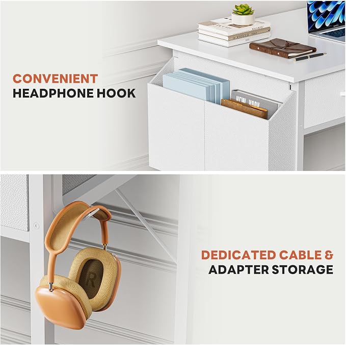 DUMOS 32" Home Office Computer Desk with Drawers, Small Gaming Writing Study Table with Storage Side Bag, Headphone Hook and Adjustable Feet for Bedroom White | Home Office Desk for Bedroom, Gaming Writing Study Desk with Adjustable Feet - Image 7