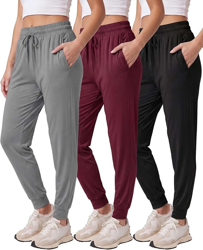 3 Pack Women's Lounge Joggers Sweatpant Active Athletic Yoga Workout Pocket | Available in Plus Size, Ladies Casual, Drawstring Gym Pants, Sleep Bottoms, Hiking, Running, Fitness, Exercise, Pajama, Soft by RealEssentials