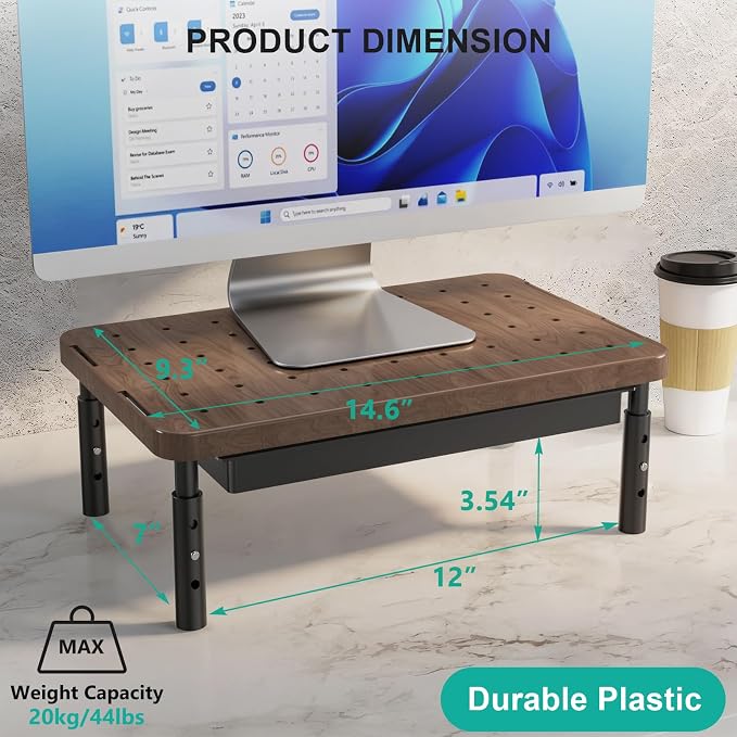 WALI Plastic Computer Monitor Stand with Storage, Desk Monitor Riser 3 Height Adjustable, Laptop Riser with Airflow Vents, Desk Organizer for Computer, Laptop, Printer (PTT002-C), 1 Pack, Brown - Image 3