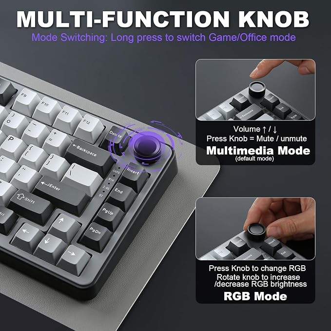 YUNZII B75 PRO 75% Wireless Mechanical Keyboard (Dark Grey,Cocoa V2) | Hot Swap Keyboard with Knob, Gasket Mount, Creamy Pre-lubed Switch for Smooth Typing, BT/USB-C/2.4G, for Gaming - Image 8