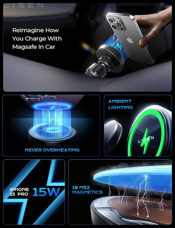 LISEN for 15W MagSafe Car Mount Charger,Magnetic Wireless Car Charger for iPhone 17 Pro Max Accessories,Magnetic Phone Holder for iPhone 17-12,Samsung,Pixel 9,Jeep Ford F150 Accessories,Gifts - Image 5
