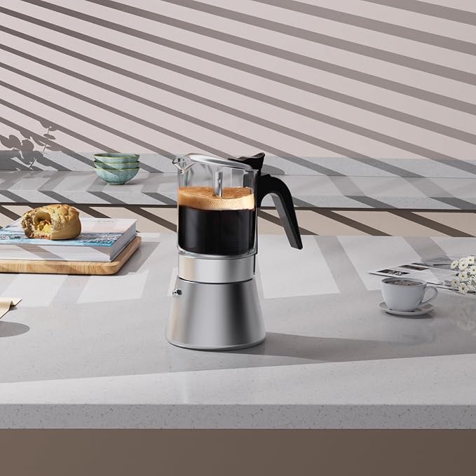 SIXAQUAE Moka Induction Stovetop Espresso Maker,Crystal Glass-top & Stainless Steel Espresso Moka Pot,Classic Italian coffee maker,240ml(6cup) - Image 5