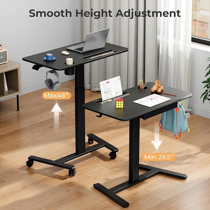 Mobile Standing Desk with Drawer, 35"×20" Small Desk, Black | Portable Laptop Workstation with Cup Holder and Hooks, Height Adjustable Rolling Desk with Wheels, Teacher Classroom Use - Image 6