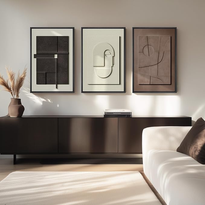Framed Abstract 3D Textured Wall Art for Living Room, 3 Piece Modern Neutral Artwork for Walls, Brown White Geometric Sandstone Textured Painting for Bedroom, Home Office Decor-Total Size 30x60 Inch - Image 4