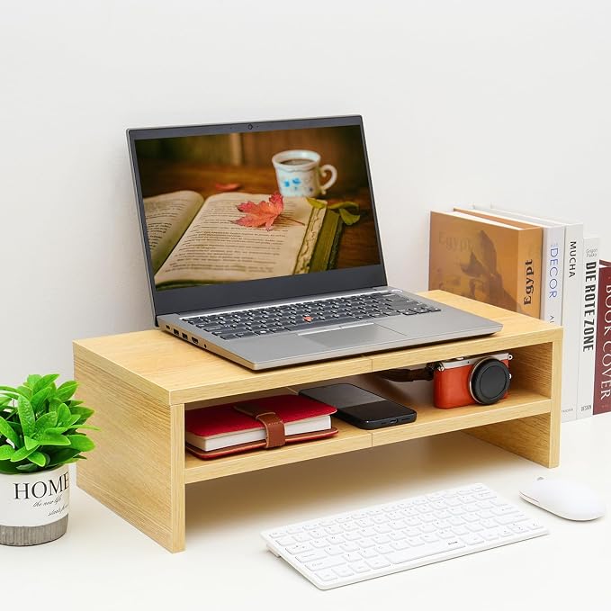 TEAMIX 2 Tiers Desktop Monitor Stand Riser 20 Inch Printer Stand with Storage Small TV Riser Laptop Wooden Desk Organizer Shelf Bookshelf Maple (Natural Maple, 2 Tiers) | Laptop/PC/Printer/Keyboard Storage, Ergonomic Design, 15mm thick Sturdy Wood Boar... - Image 3