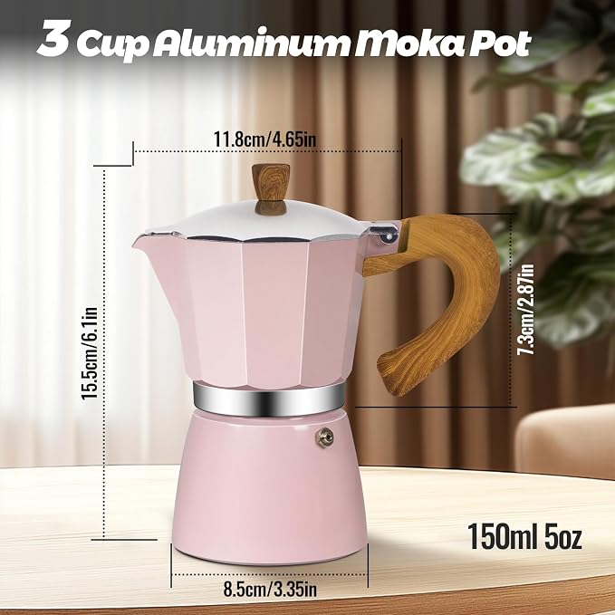3 Cup Aluminum Moka Pot Classic Stovetop Espresso Coffee Maker 150ml 5oz Coffeemaker Percolator Mocha Pot Greca Coffee Maker Cafe Makers for Italian and Cuban Café Brewing Pink - Image 2