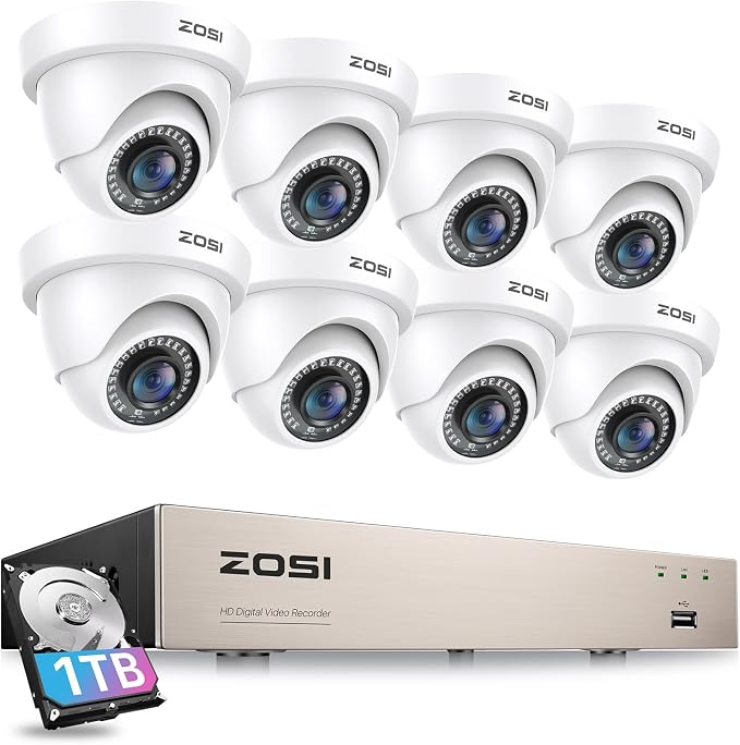 ZOSI 3K Lite 8CH Security Camera System with 1TB HDD,AI Human/Vehicle Detection,80ft Night Vision,H.265+ 8 Channel 1080P HD-TVI DVR Recorder,8pcs 1920TVL Weatherproof CCTV Dome Cameras Indoor Outdoor by ZOSI